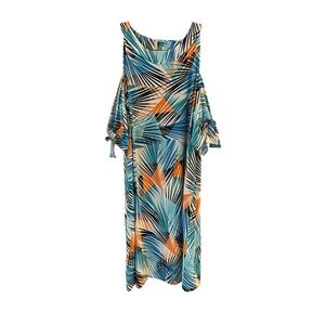 London Times cold shoulder A-Line Jersey knit dress. Blue and orange; Size 8